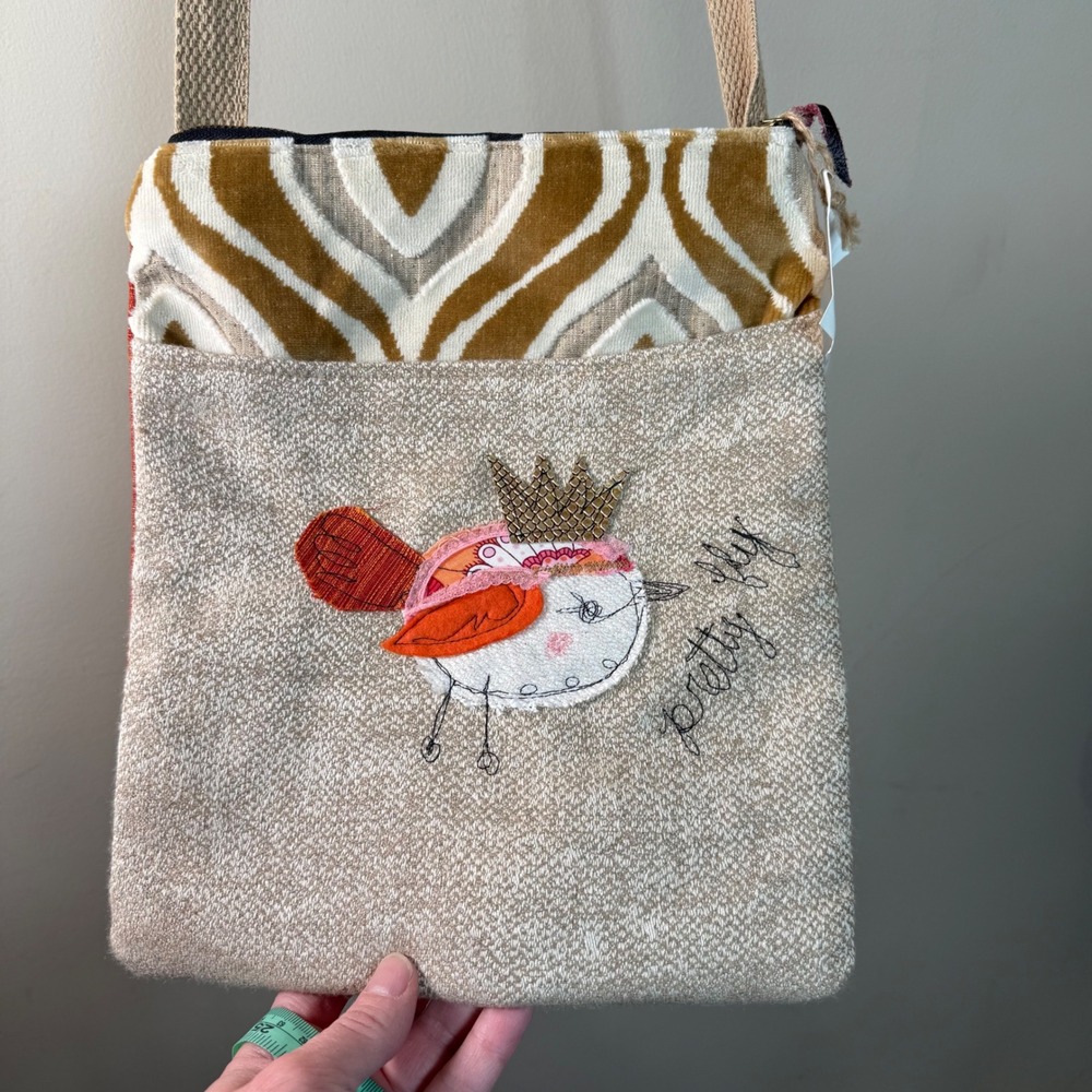 Handmade NWT Wearable Art Mixed Pattern  Bird "Pretty Fly" Crossbody Bag